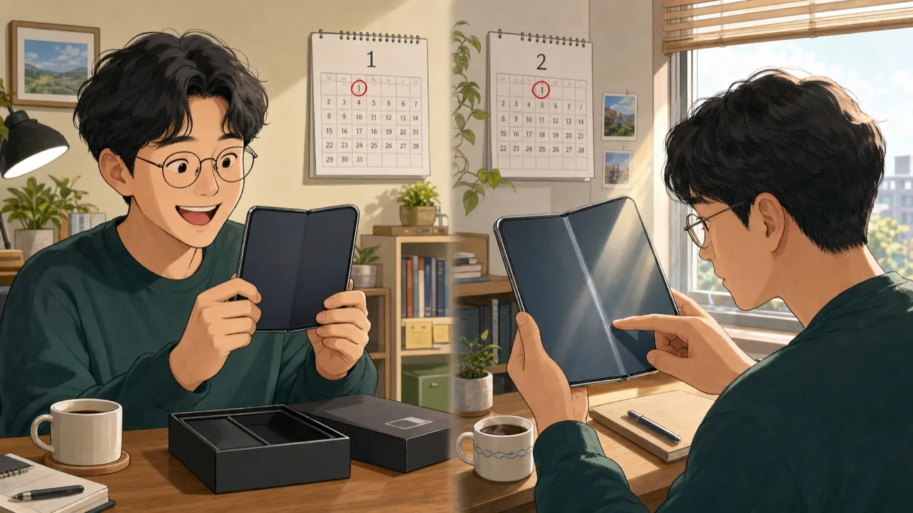 새 폴더블을 처음 펼쳤을 때와 한 달 사용 뒤 주름을 확인하는 장면