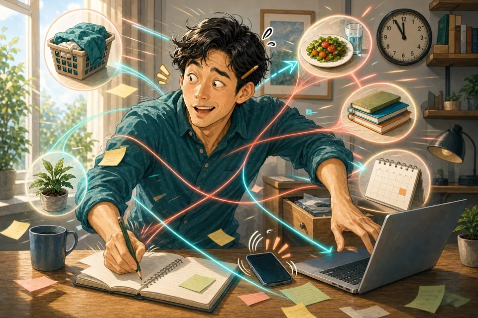 ADHD의 빠르게 옮겨 가는 주의를 익살스럽게 표현한 그림