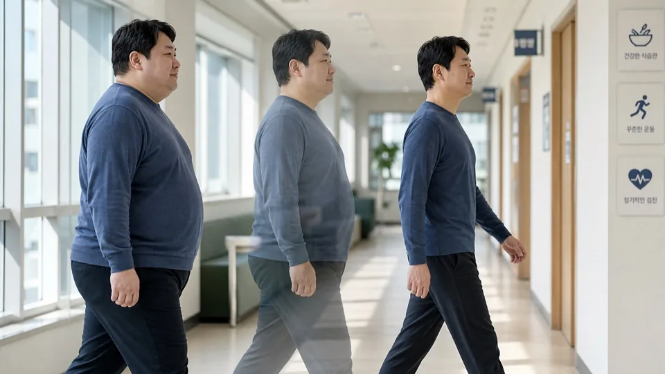 비만 치료와 생활습관 관리로 체형이 점진적으로 변하는 장면