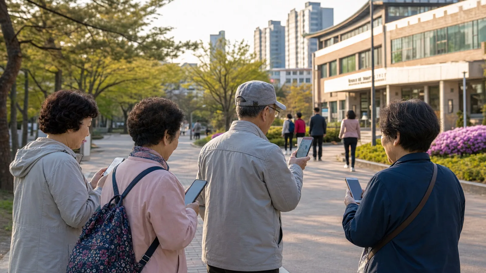 동네 공원과 복지관 근처에서 스마트폰으로 포인트와 걷기 보상을 확인하는 어르신들