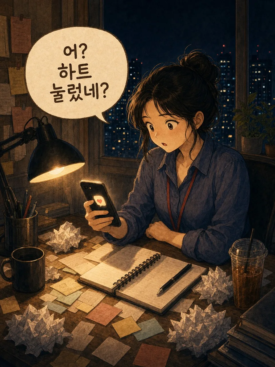 스토리 하트 알림을 보고 놀라는 주인공