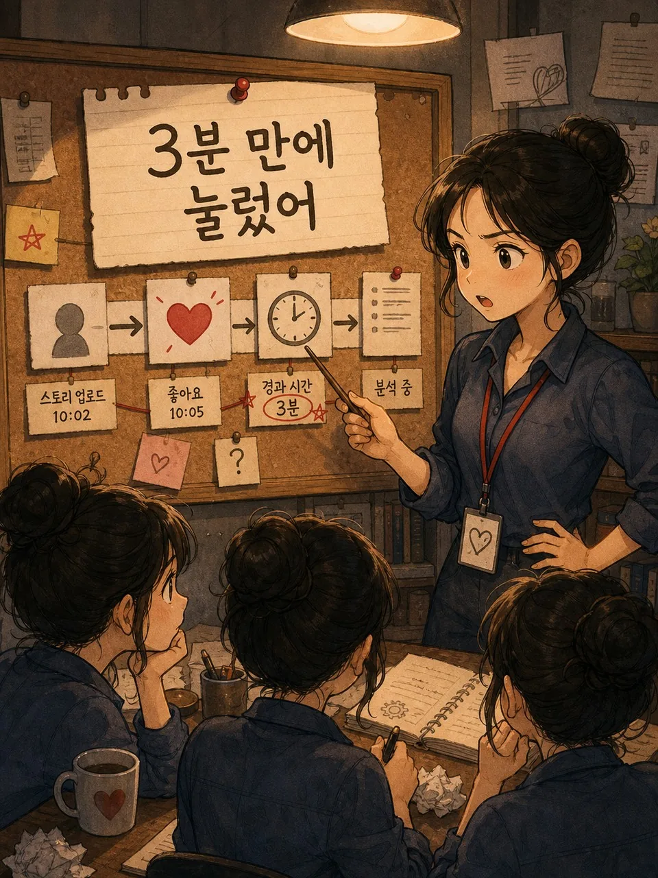 하트를 3분 만에 눌렀다고 분석하는 장면