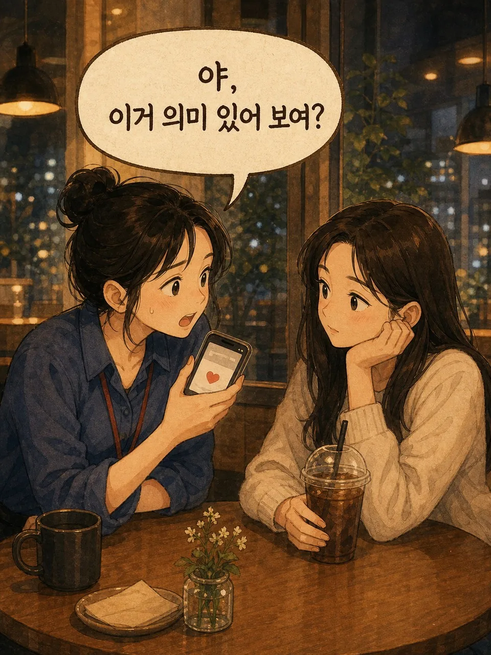 친구에게 하트의 의미를 묻는 장면