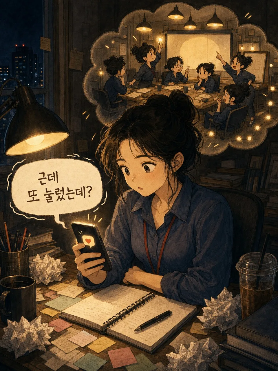 또 눌렀다는 알림에 다시 흔들리는 장면