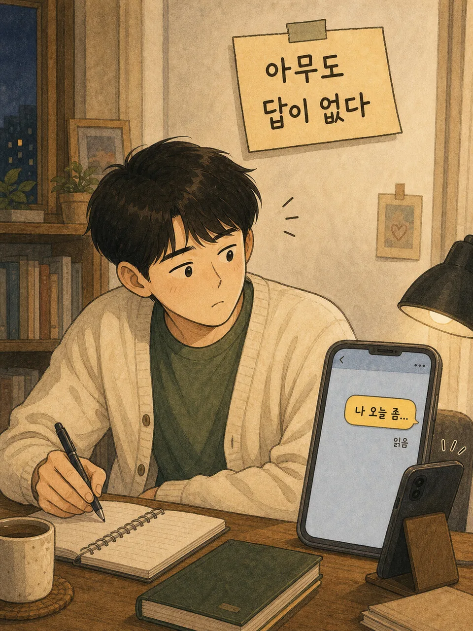 아무도 답이 없는 단톡방을 확인하는 장면