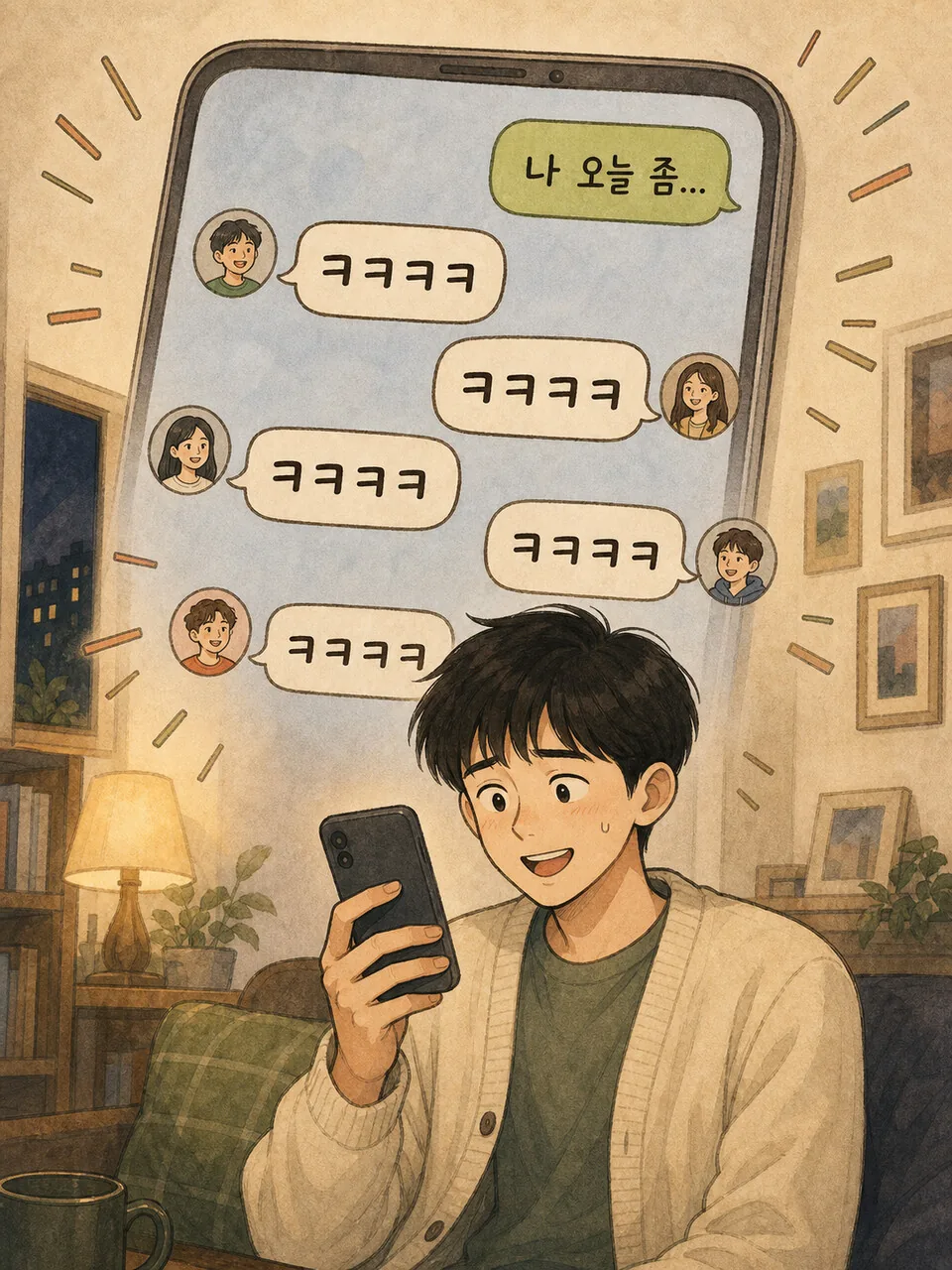 단톡방에 웃음 반응이 쏟아지는 장면