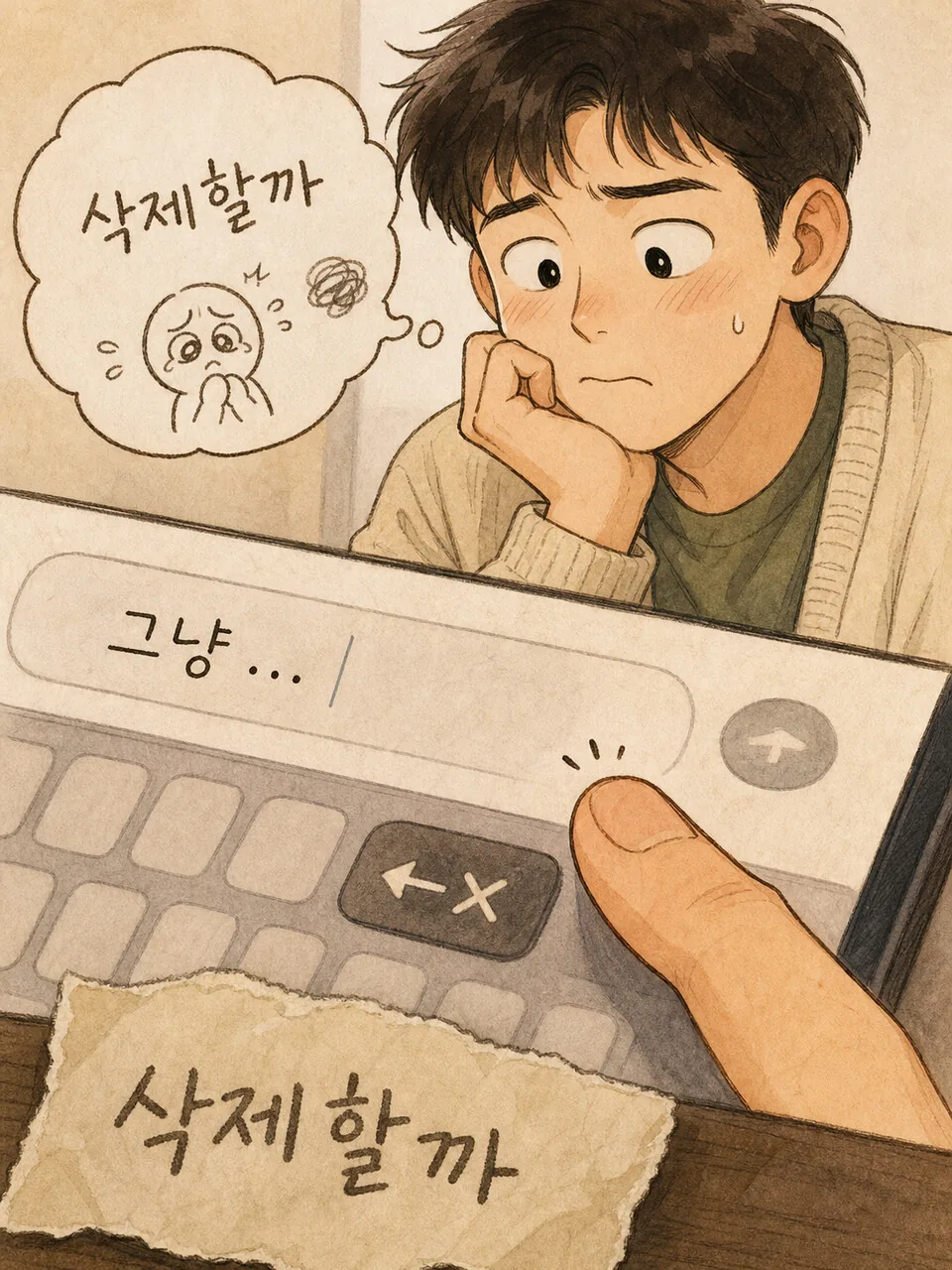카톡 메시지를 삭제할까 고민하는 장면