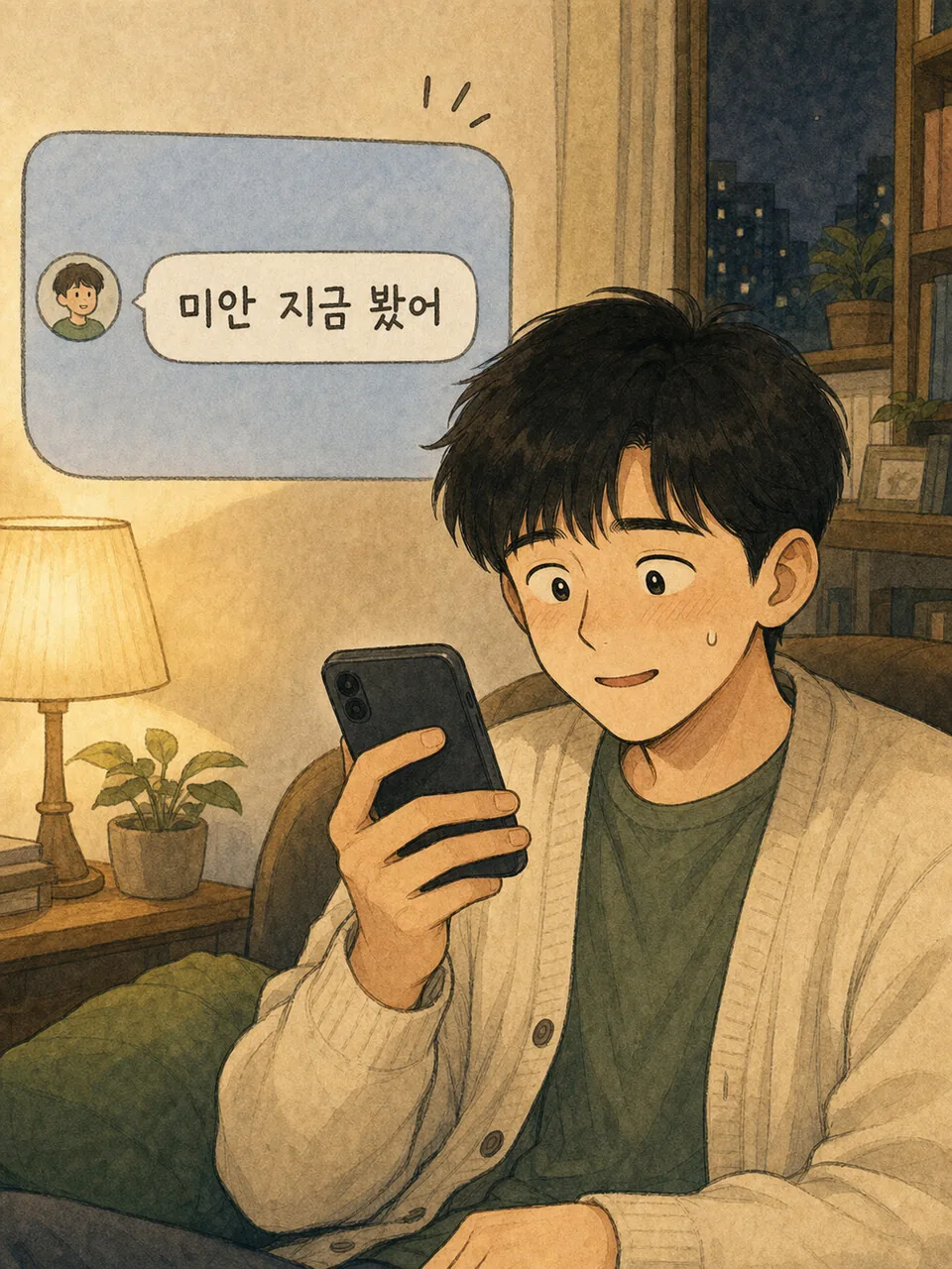 미안 지금 봤어라는 뒤늦은 답장을 받는 장면