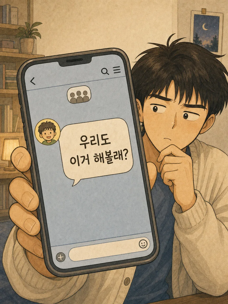 친구가 2초 공유를 같이 하자고 제안하는 장면