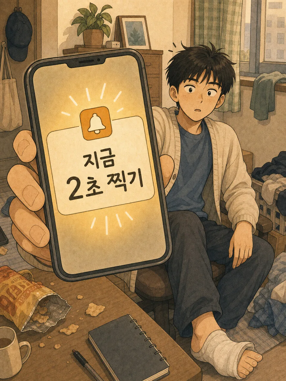 지금 2초 찍기 알림을 받는 장면