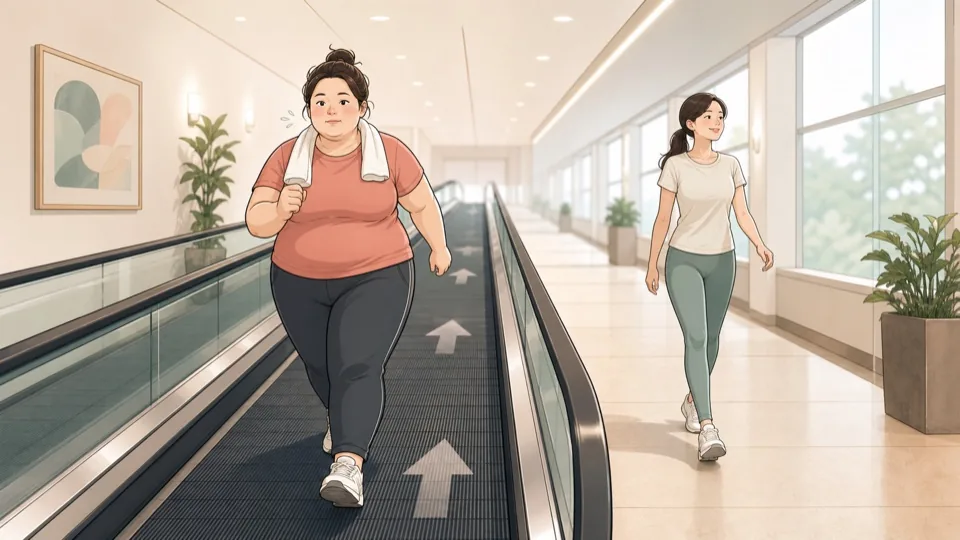 뒤로 움직이는 무빙워크 위를 걷는 사람과 평지를 걷는 사람을 비교한 카툰 삽화