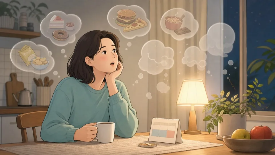 밤의 주방에서 음식 생각이 조용해지는 느낌을 표현한 카툰 삽화