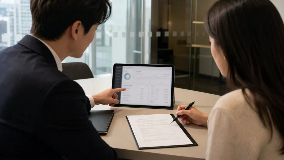 은행 상담실에서 태블릿 화면과 동의서를 앞에 두고 결정을 보류하는 고객