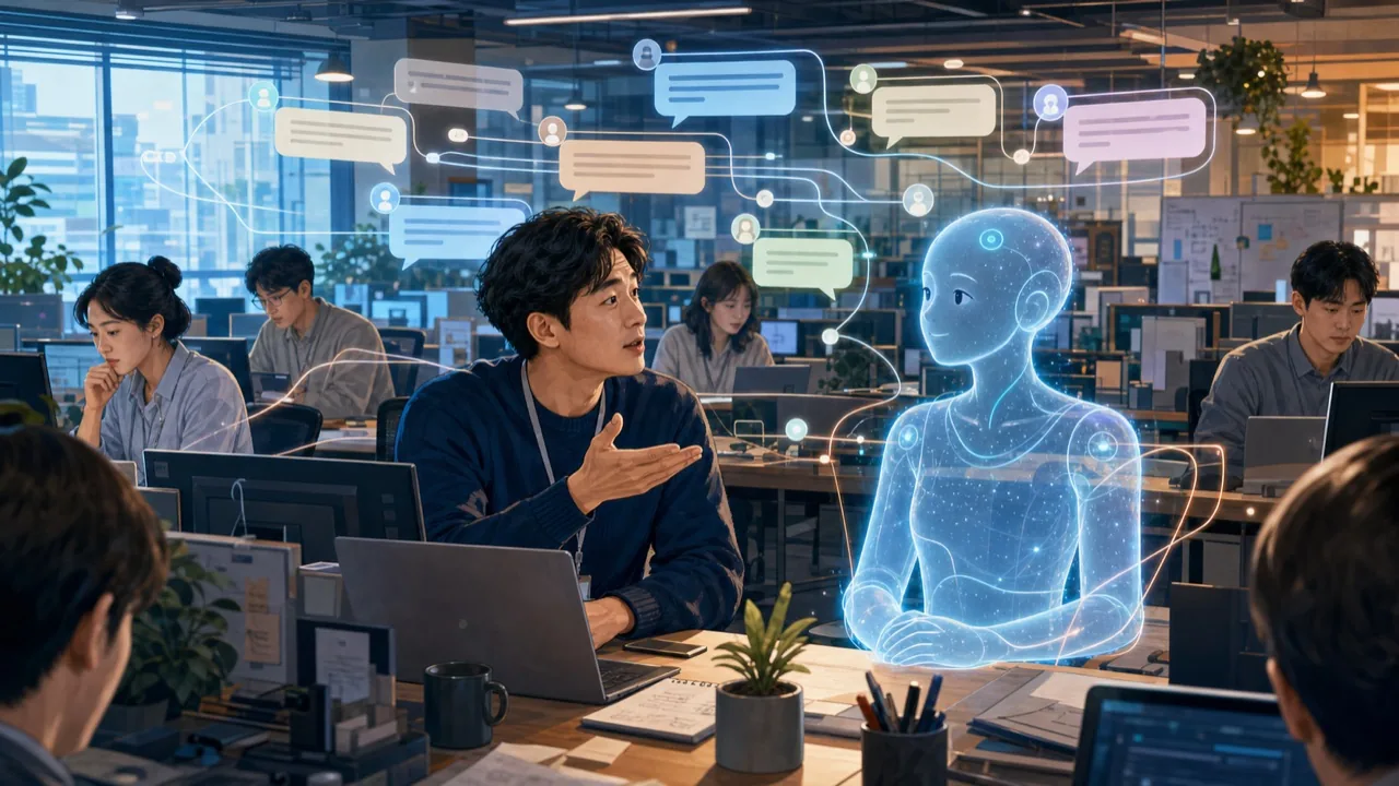 팀 채널에서 인간 팀장과 AI 동료가 함께 프로젝트 상황을 확인하는 모습