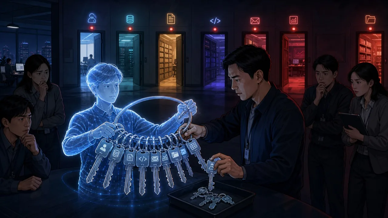 AI가 가진 여러 시스템 권한을 보안 관리자가 하나씩 줄이는 장면