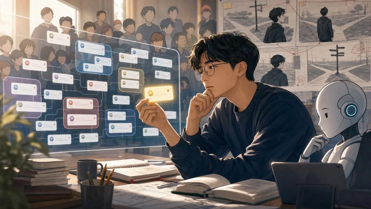 수백 개 댓글을 요약한 AI 화면 앞에서 작가가 한 줄의 날카로운 독자 반응을 골라 읽는 장면