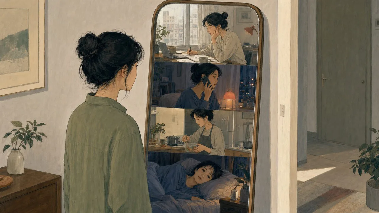 거울 안에 업무, 고민, 요리, 불면의 하루가 비치는 장면