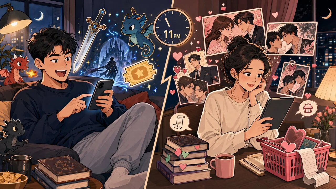 늦은 밤 서로 다른 웹소설을 고르는 성인 독자 두 명