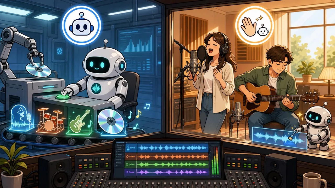 AI 생성 곡과 AI 보조 곡을 작업 과정으로 구분하는 장면